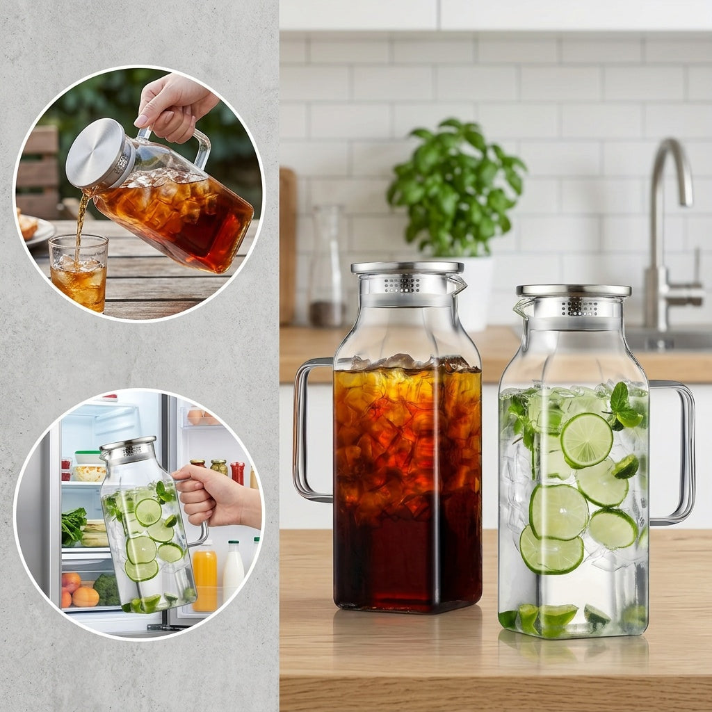 1 Pack/2 Pack 68oz Square Glass Pitcher with Lid And Handle for Fridge, Iced Tea And Coffee Carafe Beverage Serveware, Heat Resistant Borosilicate Water Jug for Hot/Cold Drinks And Milk, 304 Stainless Steel Lid