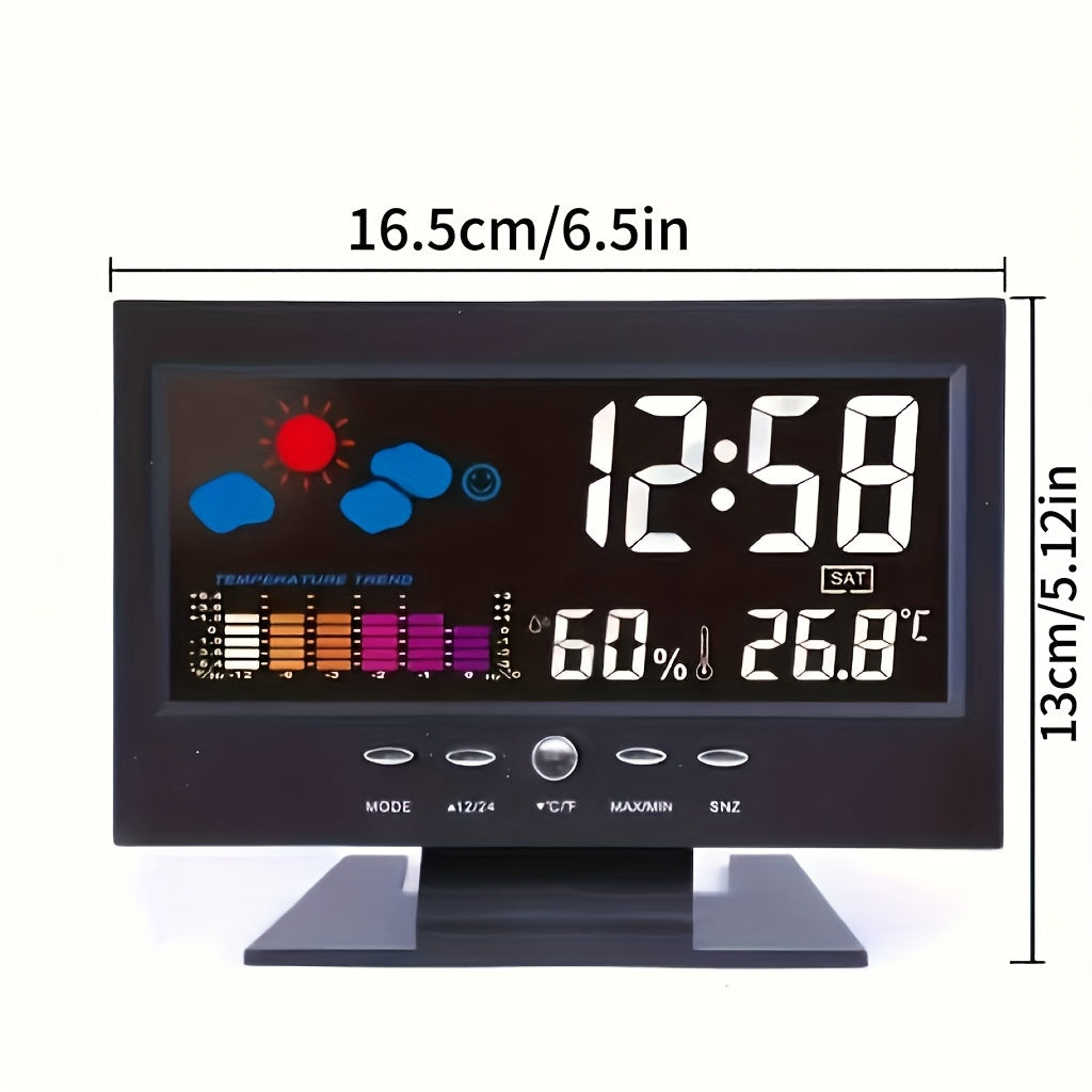 Two Intelligent Weather Stations with Digital Alarms That Monitor Indoor And Outdoor Temperature And Humidity. They Feature a Usb-Powered Desktop Clock with Delay, Adjustable LED Brightness, Automatic Dimming, And a 12/24-Hour Format