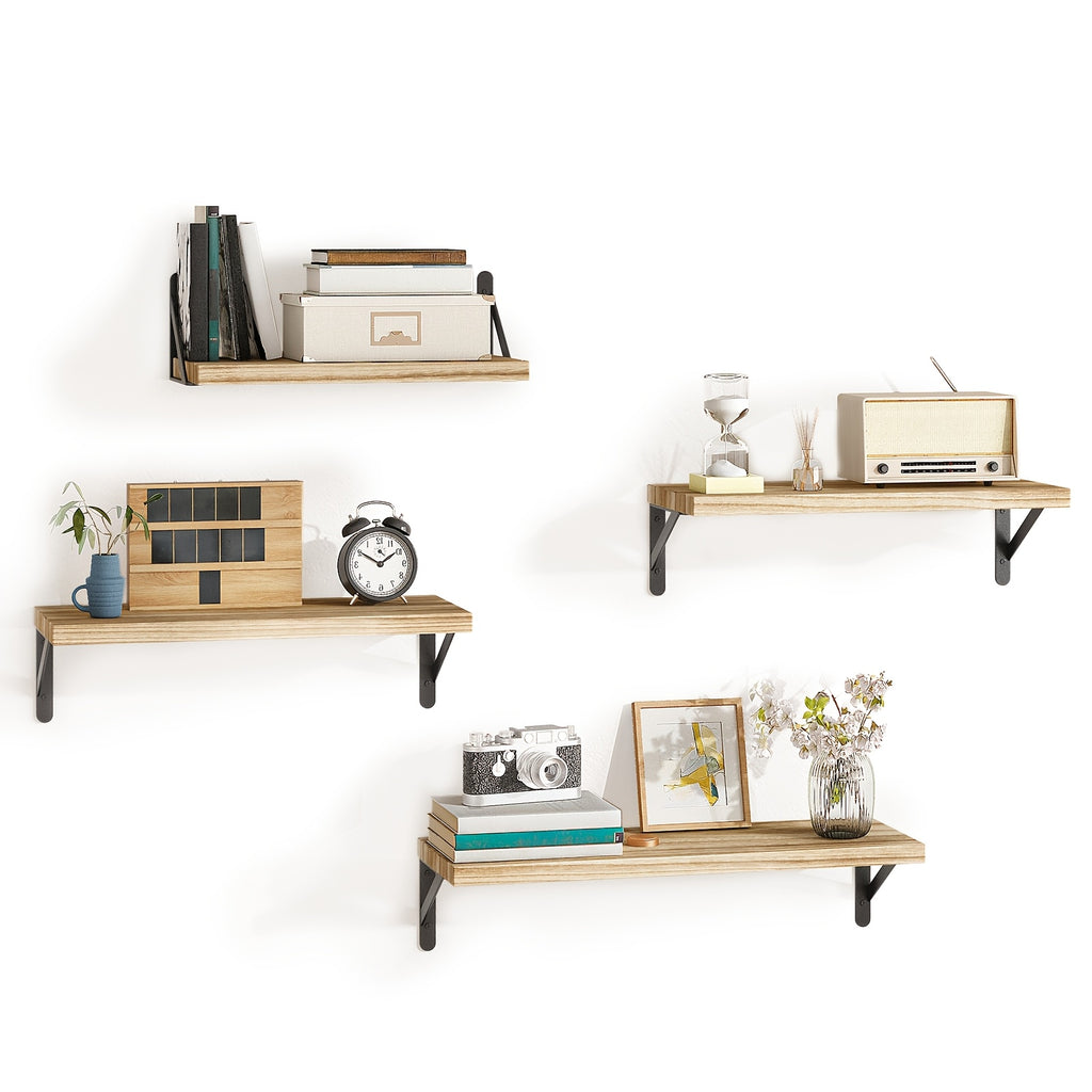 Floating Display Shelves, 4-Piece Wall Mounted Storage Set in Wood Color, Walnut Color or Black and White for Bedroom, Bathroom and Living Room Decor