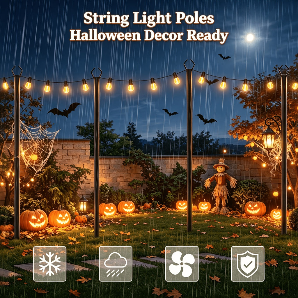 4 Pack 11.1FT String Light Poles With Metal Ground Stake, Heavy Duty Rustproof Metal Light Stand For Outdoor Garden Backyard Deck, Fall Autumn Harvest & Halloween Party Decor, Perfect For Wedding, Patio, Outside Holiday String Lights Support Poles