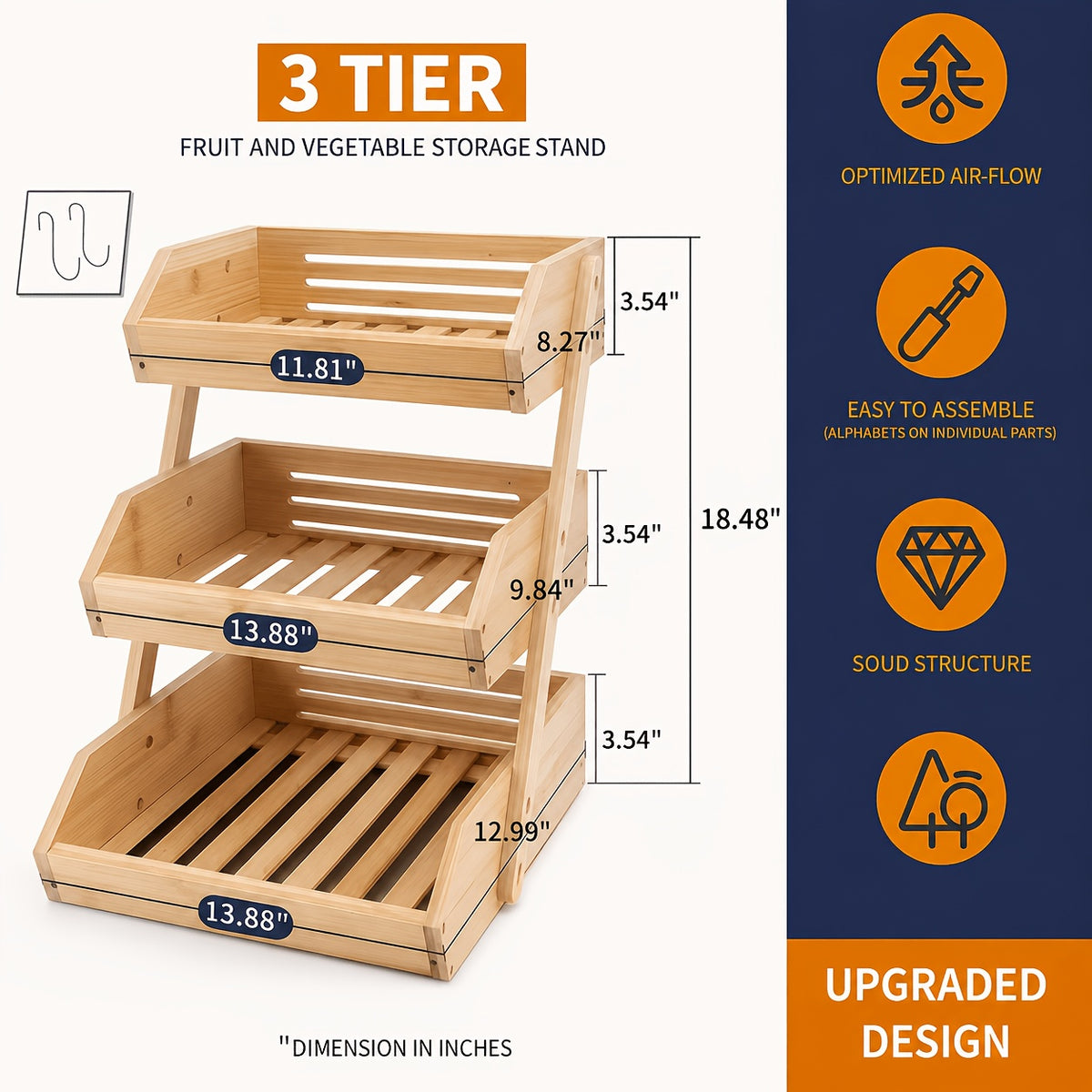 3/2-Tier Wooden Fruit Basket Stand - Large Capacity Kitchen Organizer with Open Slat Design for Vegetables, Bread & Produce | Multi-Level Countertop Storage Shelf - Easy Assembly & Natural Wood Finish