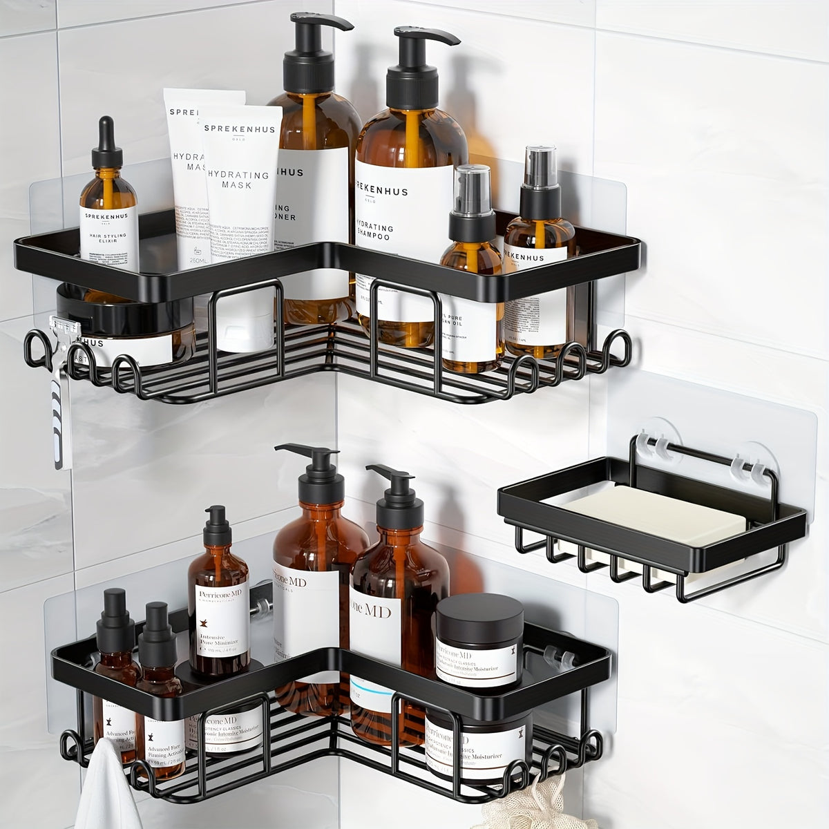 Corner Adhesive Shower Caddy, with Soap Holder And 12 Hooks, Rustproof Stainless Steel Bathroom Organizer, No Drilling Wall Mounted Rack, Random Color Properties to Choose, Shower Caddies