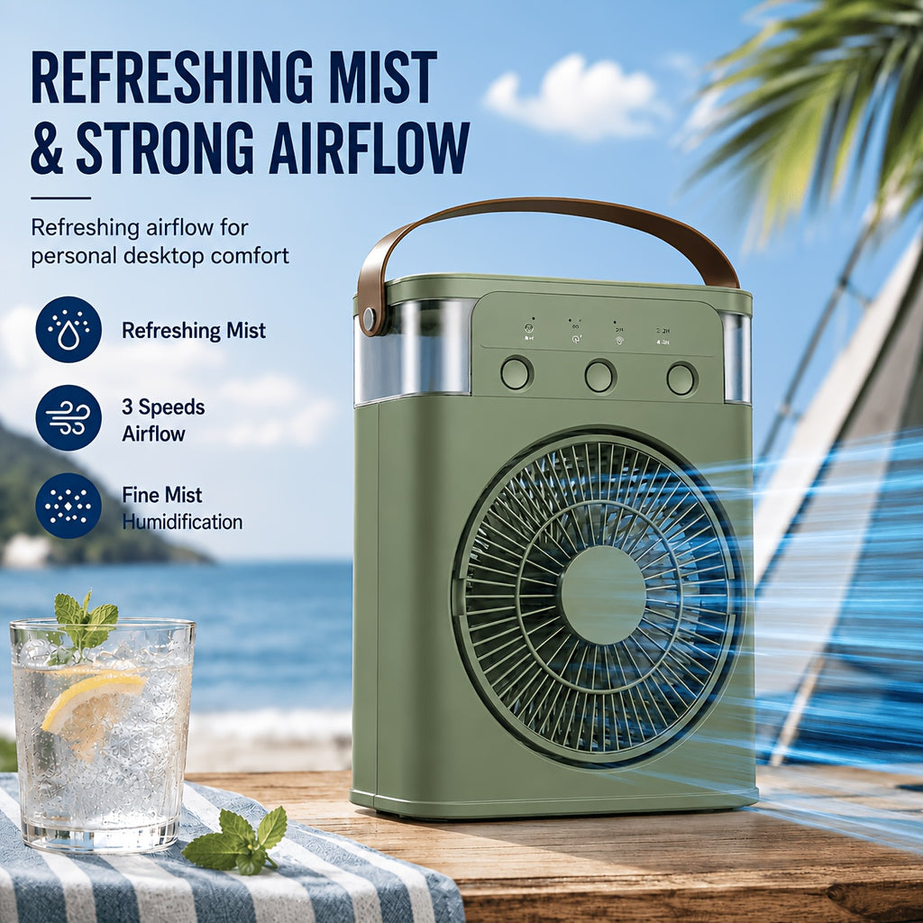 Portable USB Mist Fan With A Powerful 3300mAh Rechargeable Battery, Three Wind Speeds And Two Mist Modes, Comes With A Seven-color LED Mood Light And Timer Function, Perfect For Bedrooms, Offices, Dorms, And Camping To Help Ease The Summer Heat.