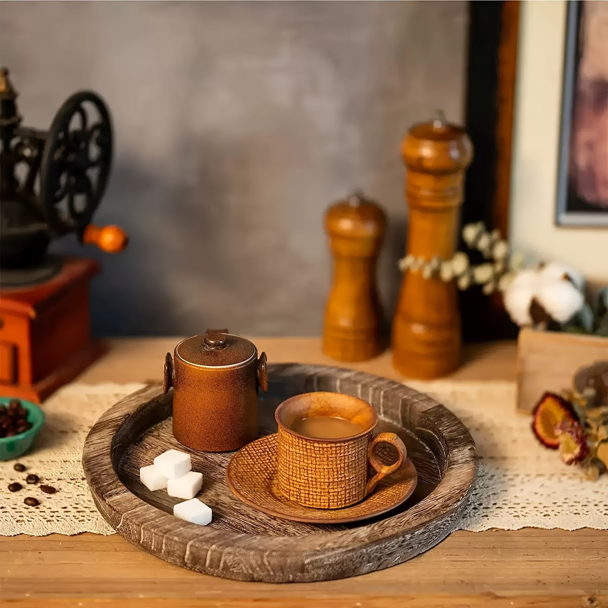 Rustic Round Wooden Decorative Tray, Distressed Wood Serving Tray for Coffee Table, Farmhouse Ottoman Tray for Living Room, Kitchen Counter Decor, Candle Holder Base, Non-Food Contact