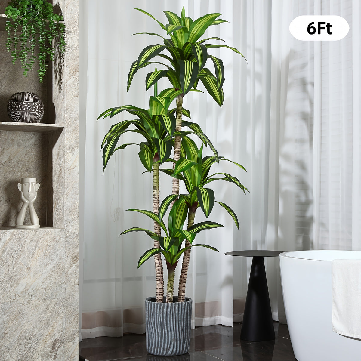 Artificial Dracaena Tree in Pot, 4 5 or 6 Foot Faux Plastic Tropical Floor Plant with Adjustable Branches and Leaves for Living Room and Home Office Decor