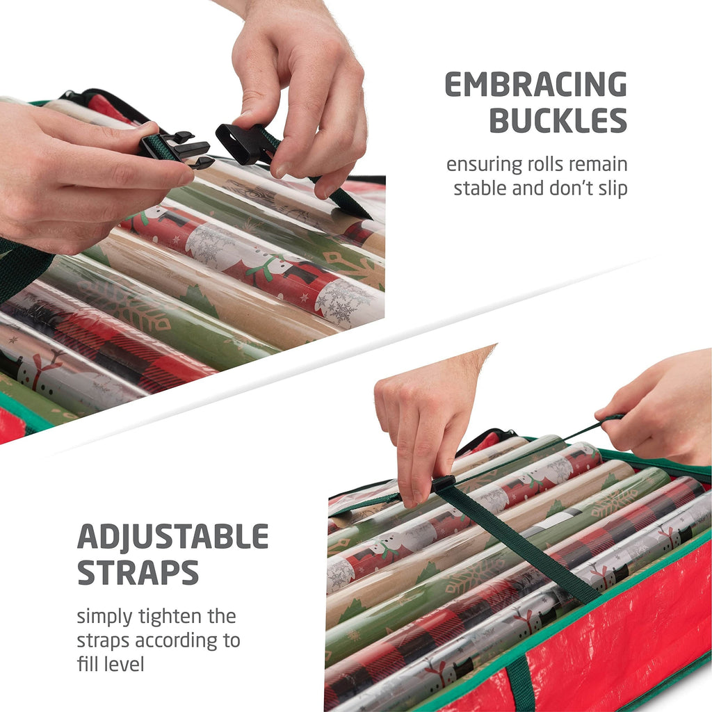 Wrapping Paper Storage Bag, 40 Inch Plastic Underbed Holiday Organizer with Interior Pockets and Zipper Closure in Red or Green for Seasonal Supplies
