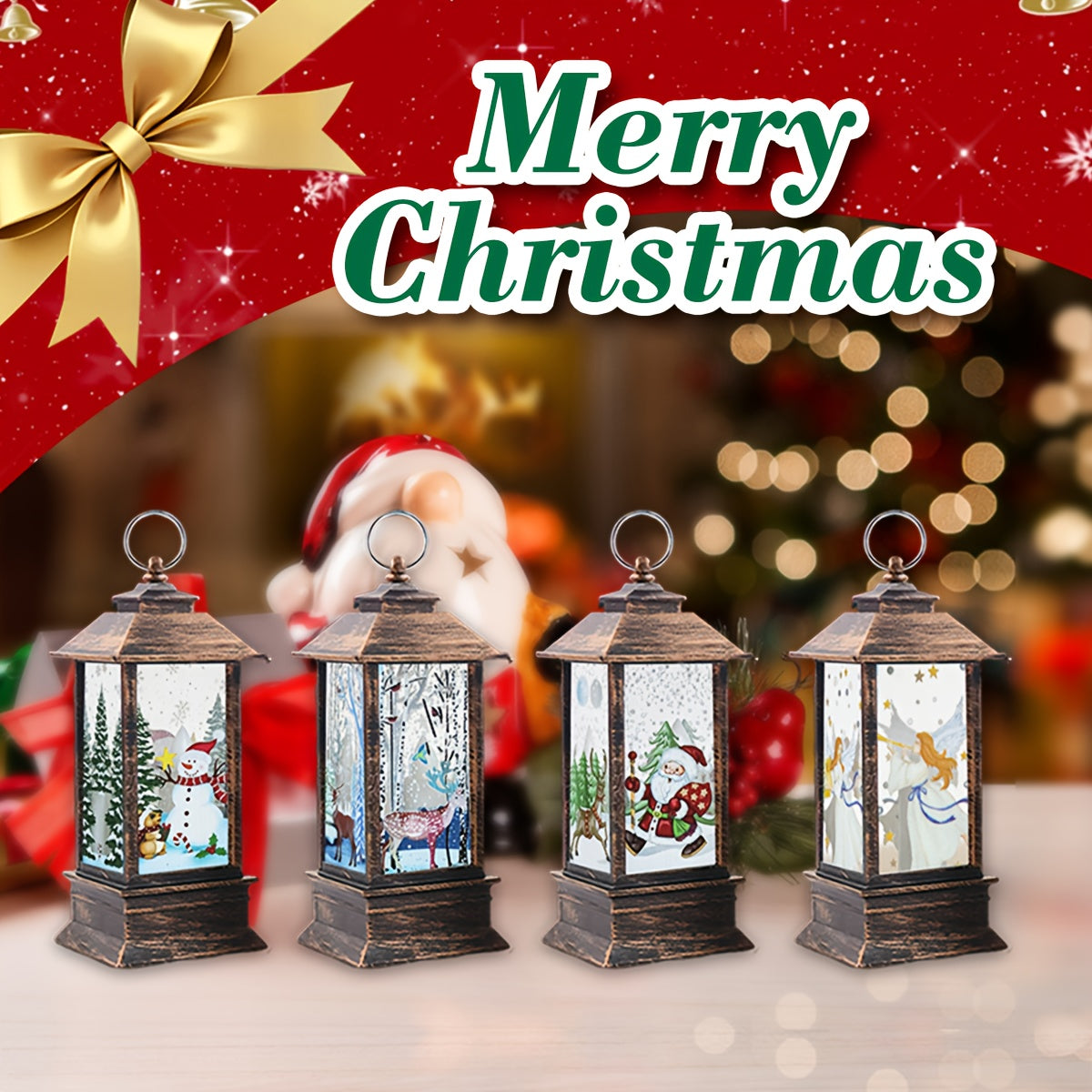 4pcs Set of Festive Christmas Mini Lanterns with Candle Effect Fairy Tale Creators-Santa Claus, Snowman, Reindeer, And Angel, Indoor Decoration, Dry Cell Battery Powered, The Perfect Choice for Festive Home Decoration And Christmas Decorations
