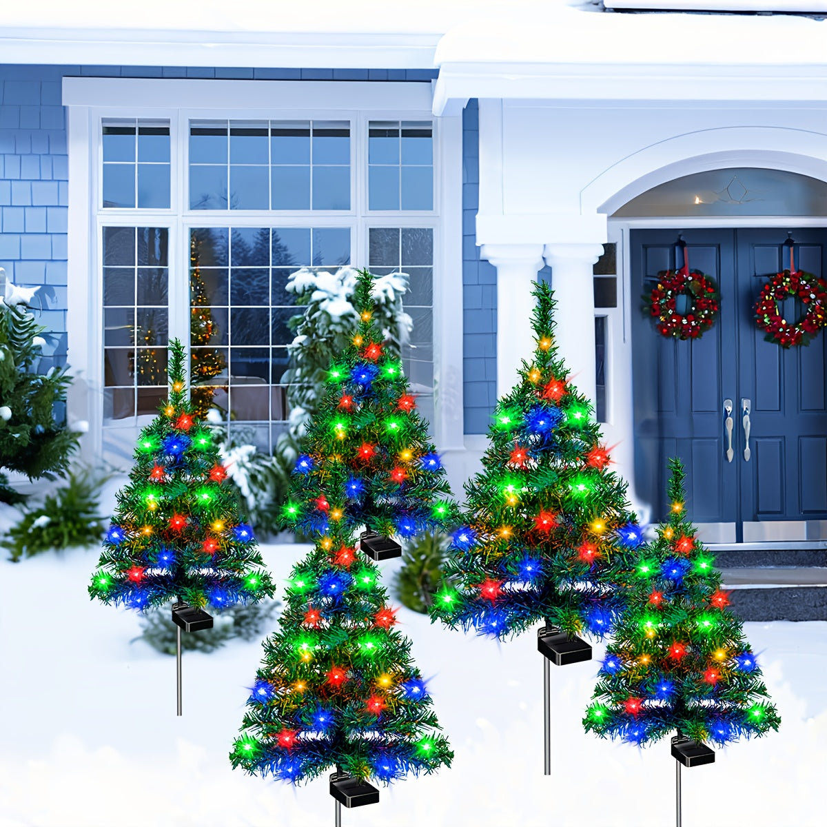 Two Sets Of Solar Christmas Tree Lights Are Used for Outdoor Christmas Decorations. The Solar Pre-lit Small Christmas Trees Are Used for Outdoor Paths, Gardens And Courtyards Decoration.