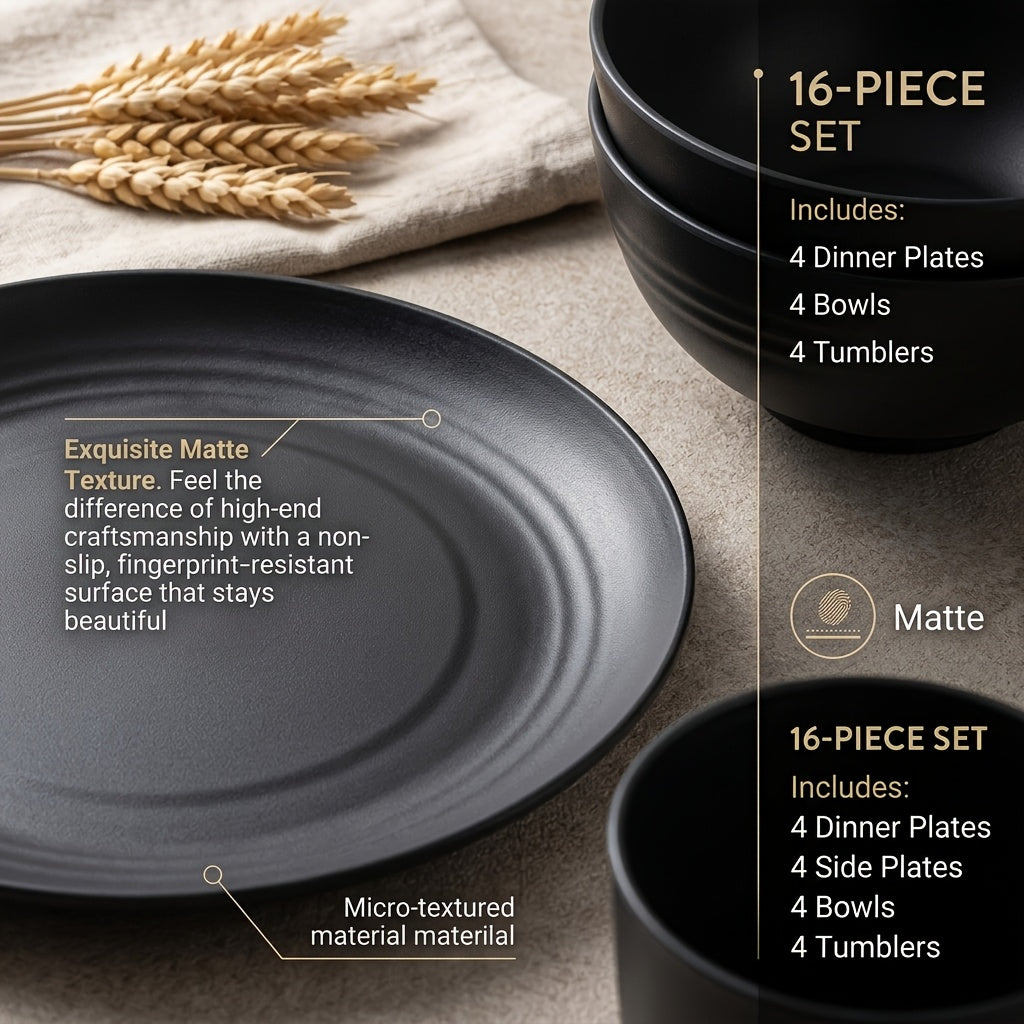 Brczuo16/32pcs Securely Fixed Non Fragile Plates, Wheat Straw Tableware Set, Microwave Dishwasher Safe, Durable Tableware, Black Set Includes 16 Plates, 8 Bowls, 8 Cups, Suitable For Family Gatherings, Birthday Parties, Camping