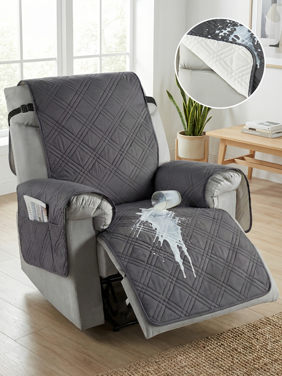 Recliner Protector Cover with Side Pocket, One-Piece Quilted Chair Cover with Elastic Band for Pet Households and Everyday Living Room Furniture Care