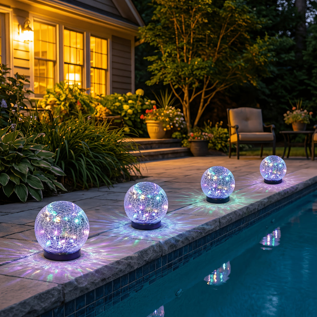 Solar Globe Lights Outdoor, 4-Pack Crackle Glass Garden Spheres with Auto On and Off, 800mAh Battery and LED Lighting for Patios and Holiday Decor