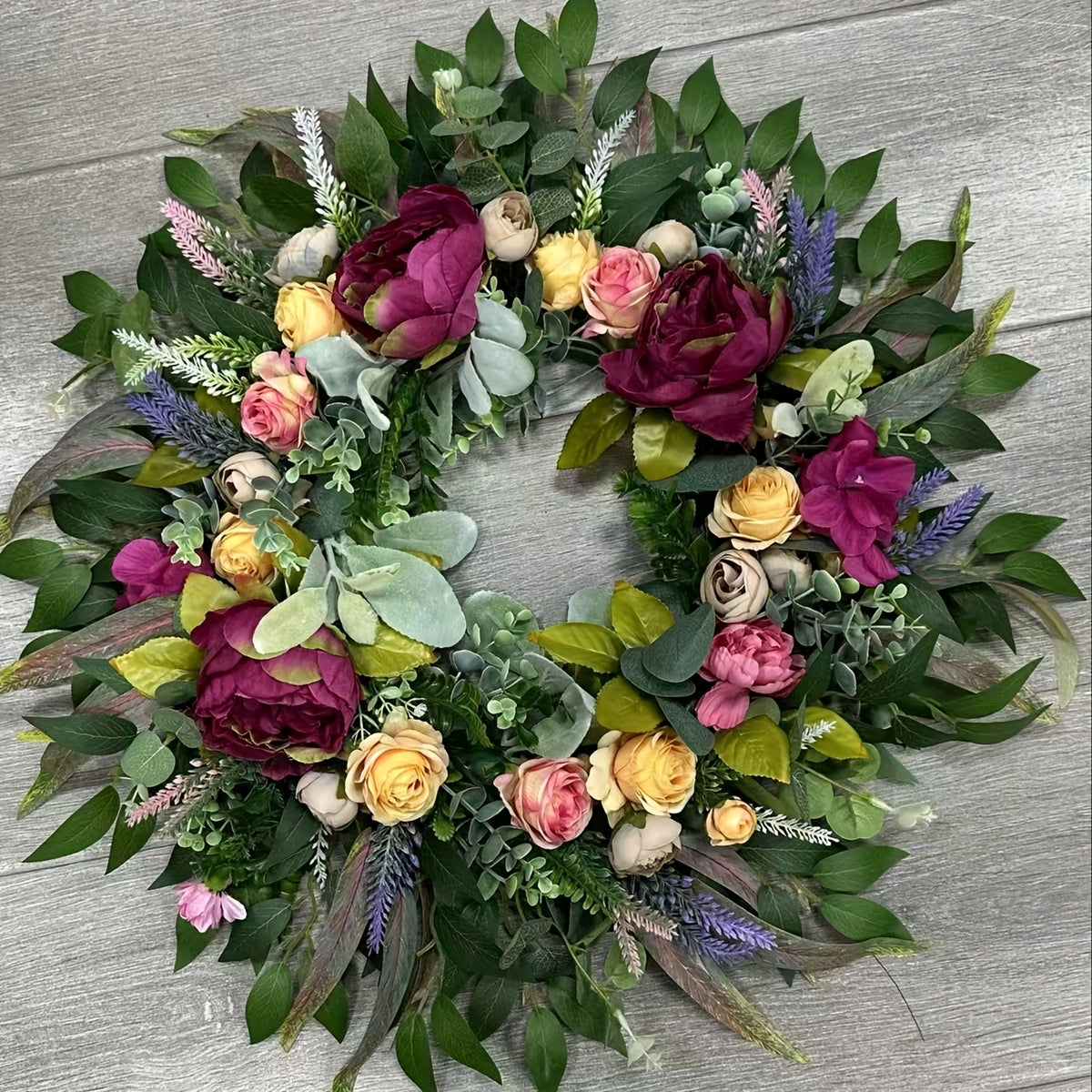 Elegant Peony & Roses Wreath with Pink, Purple, Peach, & Green Foliage - Durable Plastic Farmhouse Door Decoration for Spring Summer Home Decor, Contemporary Floral Wreath with Lush Foliage & Pastel Hues, Easy to Install with Adhesive/Screws, All-Season I