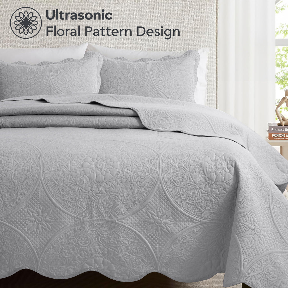 3pcs Luxury Quilted Bedspread Set – Oversize Quilt Coverlet Soft & Cozy Floral Bedspread with Pillow Shams, Breathable Lightweight for Bedroom & Guest Room Decor