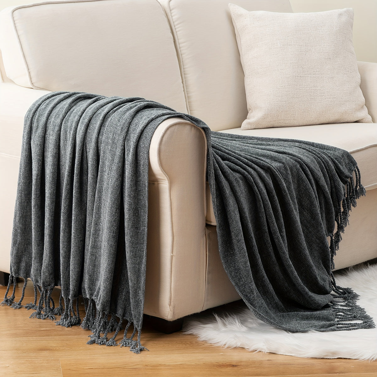Decorative Fringe Velvety Throw Blanket for Sofa Home Decor, Chenille Throw Blanket for Couch, 50"x60"