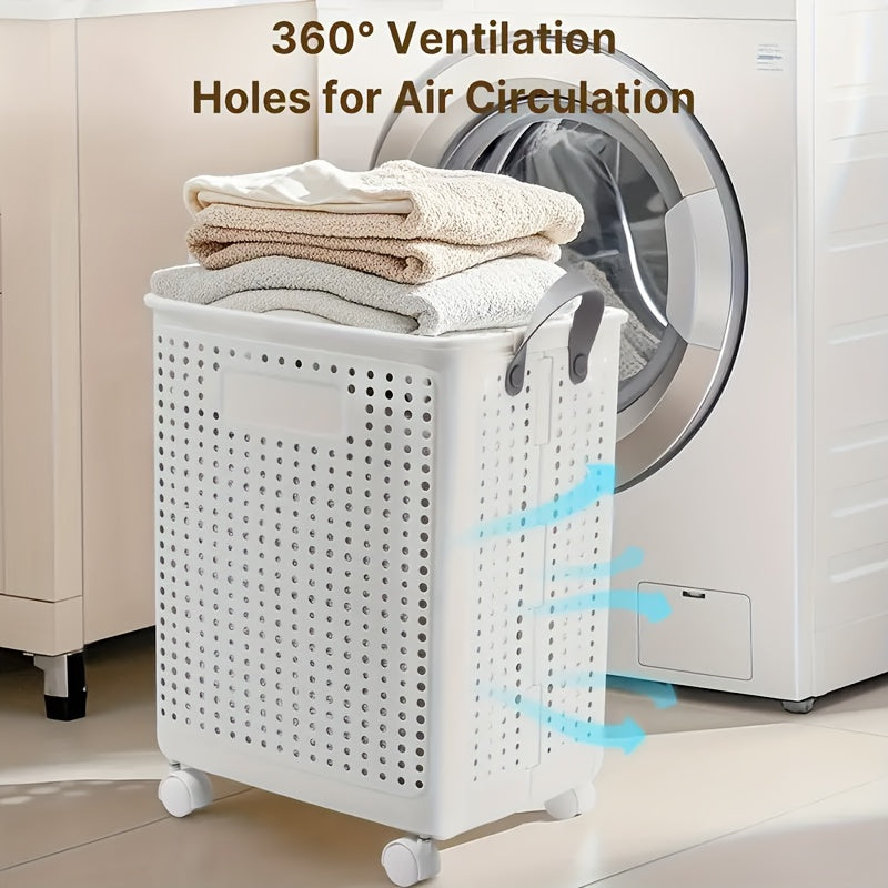 Rolling Foldable Laundry Basket, Plastic Wheeled Hamper in Large or Extra Large with Cream and White Options for Small Apartments and Bathroom Storage