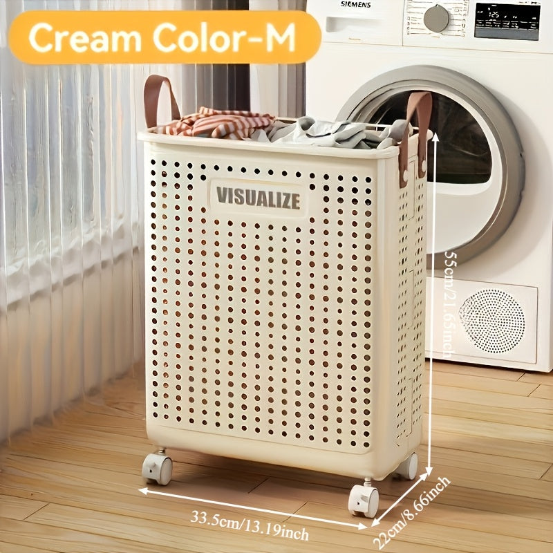 11/15/17.5 Gallon Foldable Laundry Basket with Wheels, Breathable Plastic Rolling Laundry Hamper with Faux Leather Handles, Space-Saving Clothes Storage Bin for Bathroom And Bedroom, Laundry Baskets