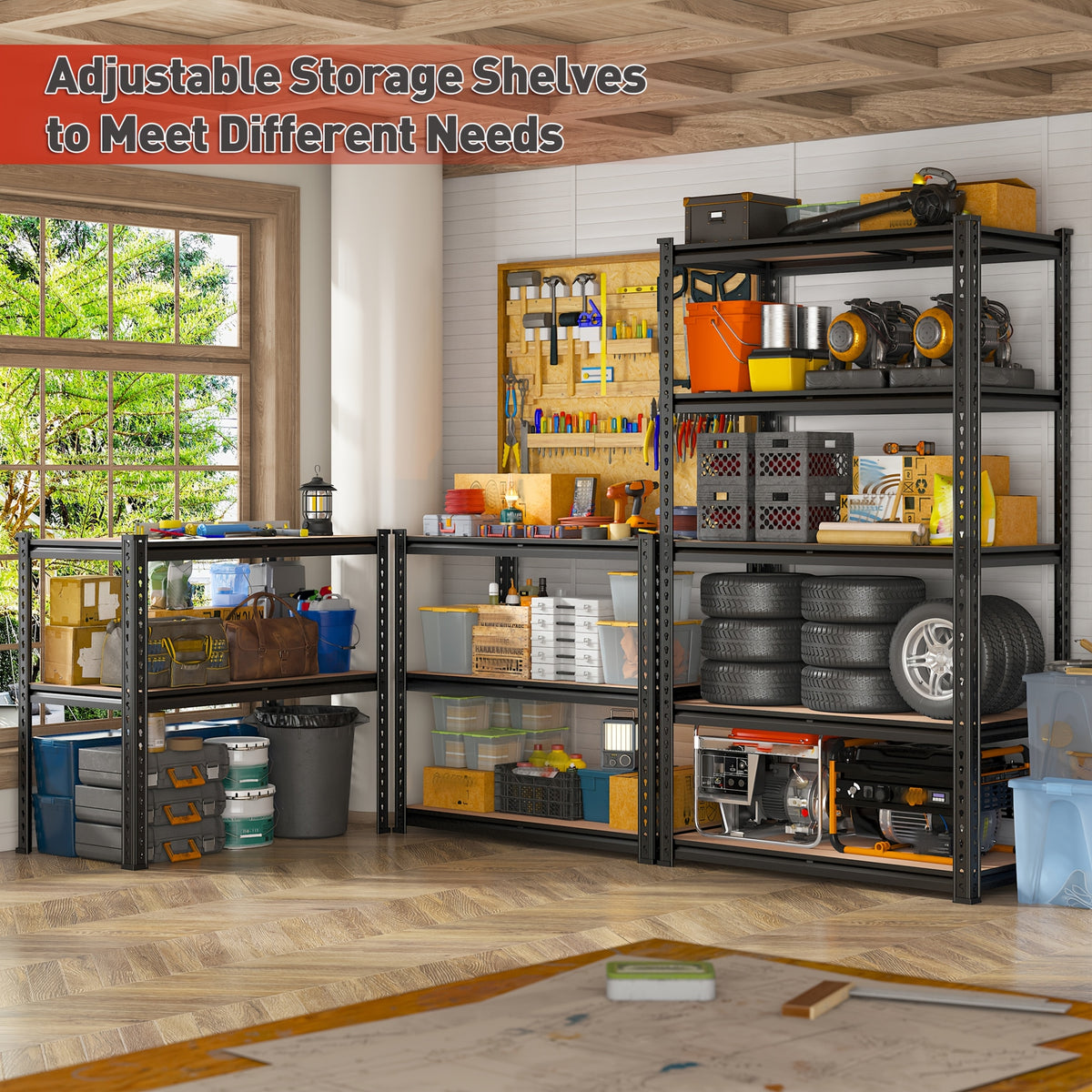 2020LBS Storage Shelves 5 Tier 72" H X 35.55" W X 16" DGarage Shelving Heavy Duty, Adjustable Metal Shelving Unit, Garage Shelves for Basement, Warehouse, Pantry, 72" H X 35.55" W X 16" D, Black, Standing Shelf