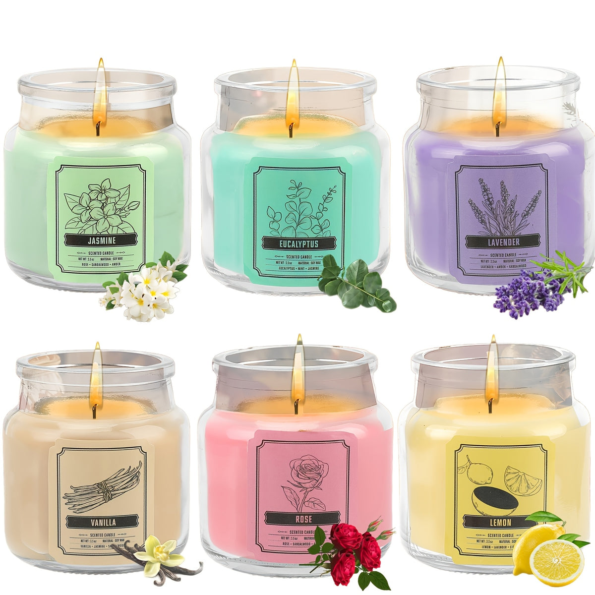 6pcs Candles Set Scented Candles for Home, Gifts for Family People And Friends, Soy Candle Of 3.5oz, 120 Hour Lasting, 6 Scents Fragrance Of Jasmine Eucalyptus Lavender Vanilla Rose Lemon, for Thanksgiving Christmas Decor, Fall Candle