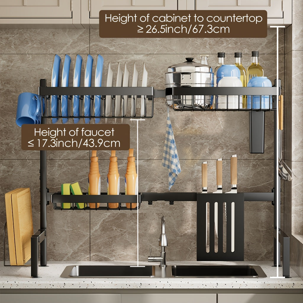 Expandable Multi-Tier Black Kitchen Organizer with Dish Rack, Drainage Tray, Spice Shelf & Towel Holder - Space-Saving Sink Storage for Dishes, Utensils | Durable Black Metal | Dustproof Design, Kitchen Accessories, Kitchen Organizers And Storage