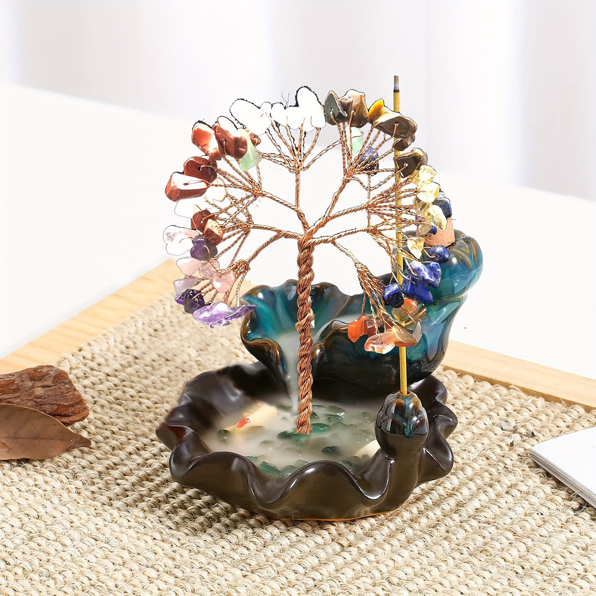 A Ceramic Incense Holder with 7 Flowing Water Crystal Money Trees, Suitable for Yoga Meditation And Home Decoration.