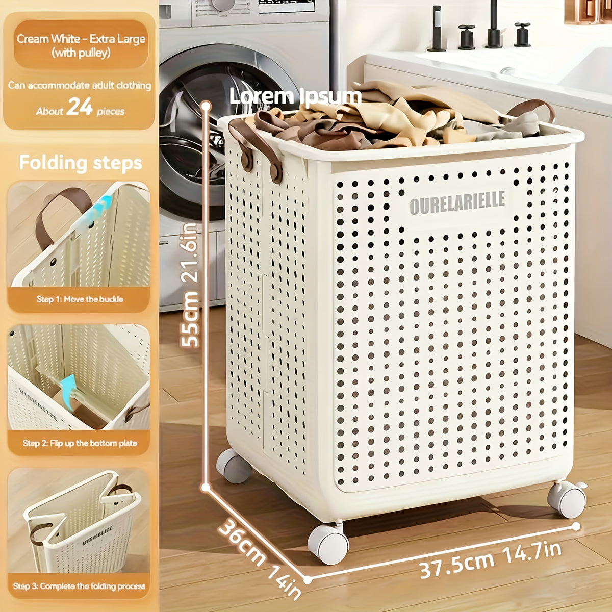 One Large Foldable Laundry Basket Without Cover - Imitation Leather, Hand Wash, Solid Color, Versatile Portable Laundry Basket with Wheel for Bathroom And Balcony Storage, Laundry Baskets