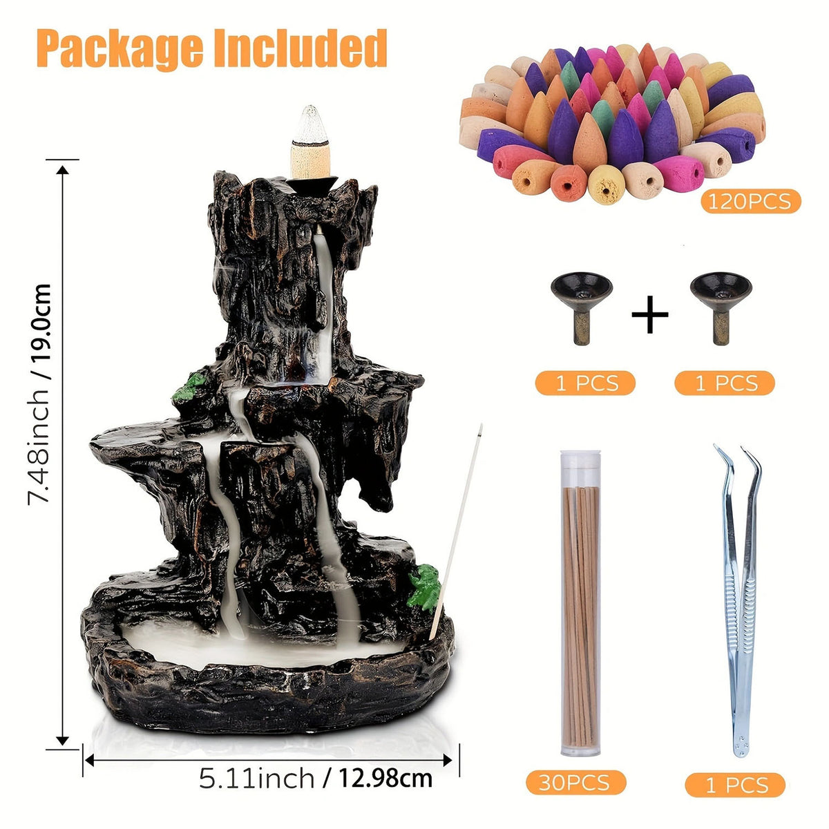 Incense Holder, Backflow Incense Holder 2 Sides Waterfall Incense Burnier with 120 Backflow Incense Cones, 30 Incense Sticks, Aromatcherapy Ornamen for Home