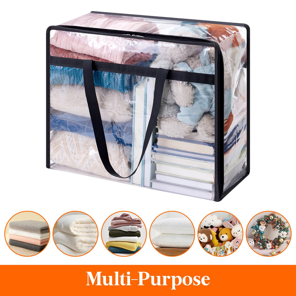 4pcs Heavy-Duty Clear Plastic-Like Vinyl Storage Bags with Black Zipper Closure - 10.57gal Large Capacity Foldable Moving & Organizers for Clothes, Bedding, Blankets, Duvets - Garment & Bedspread Containers, Under-Bed Storage