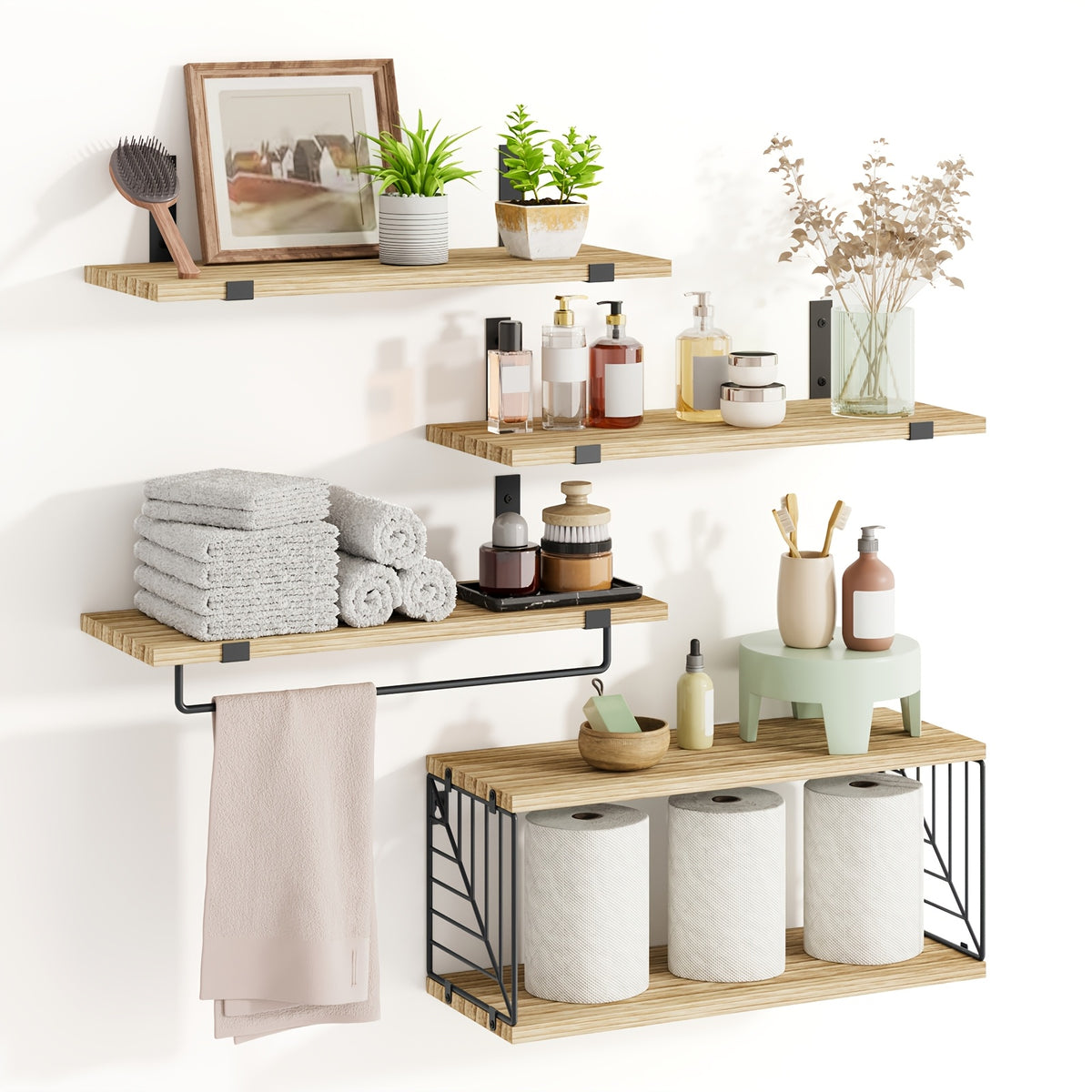 TOMNK 3/4pcs Wall Mounted Floating Storage Rack, Rustic Wood Wall Shelf with Guardrail, Multifunctional Display Unit for Bedroom, Living Room, Bathroom And Kitchen