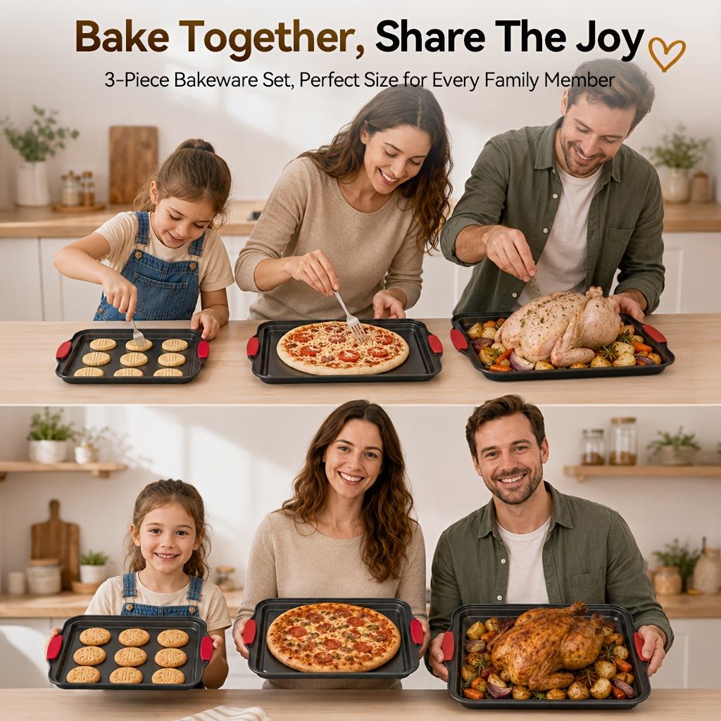 3pcs Nonstick Carbon Steel Oven Baking Pans Set With Detachable Silicone Handles, Premium Non-Stick Steel Bakeware Set, Commercial Grade Restaurant Quality Rimmed Sheets, Easy-Clean Baking Trays For Cookies, Pizza, Cake & Home Kitchen Use