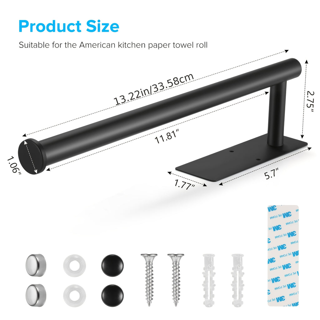A Single Unit of a Paper Towel Holder Designed for Under Cabinets in The Kitchen, Made from SUS304 Stainless Steel And Can Be Mounted on The Wall Using Either Adhesive Or Screws. It Also Serves As a Rack for Bathroom Towels