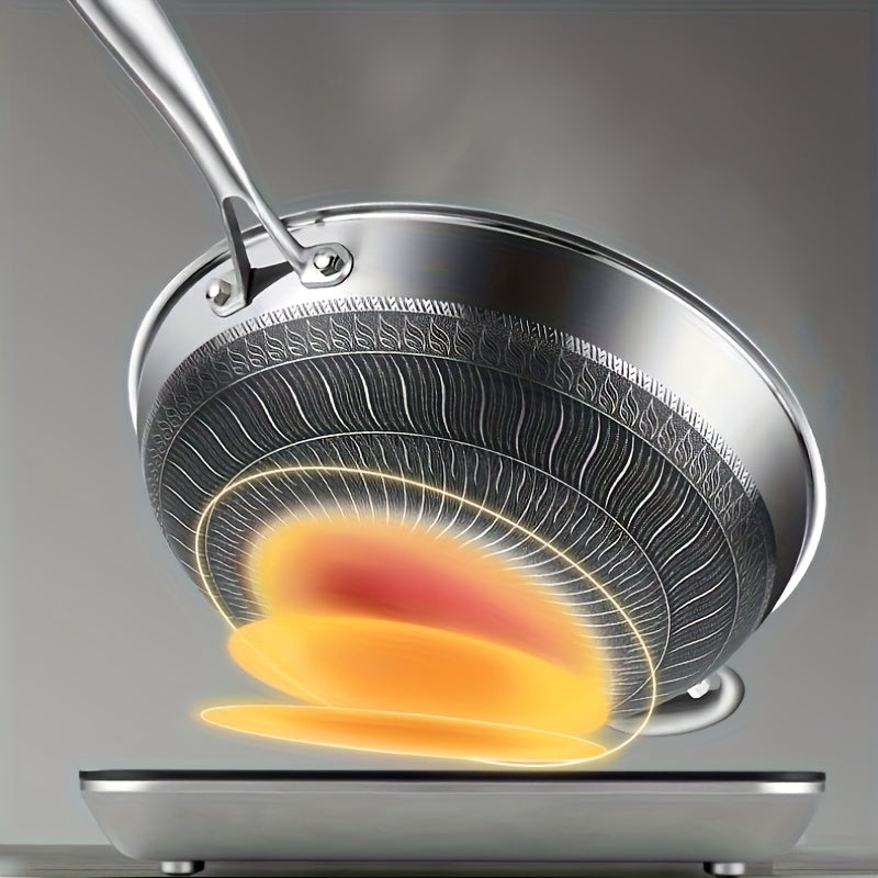 13.3-Inch Tri-Ply Stainless Steel Non-Stick Wok with Lid And 2pcs Cookware Additions, Honeycomb Design, Home Cooking Pan, Suitable for All Stoves, Kitchen Utensils, Kitchen Tools, Kitchen Accessory, Kitchen Supplies Camping