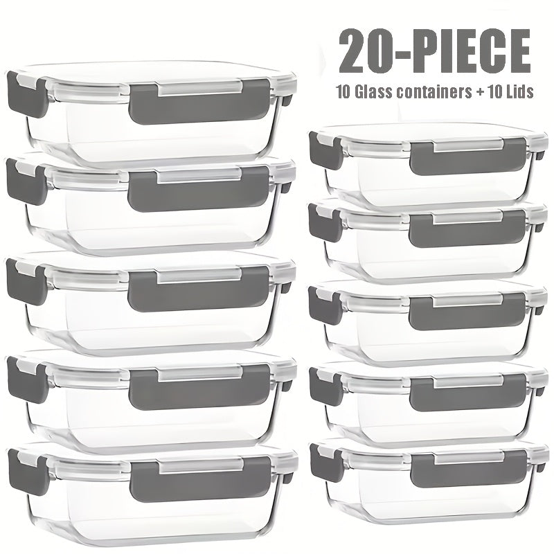 Stackable 20pcs Glass Food Container (10 Lids + 10 Containers) - Multi-purpose Meal Prep And Pantry. with Airtight Lids, Oven, Microwave, Refrigerator And Dishwasher Safe. Durable, Space-saving Design Improves Heating Efficiency And Organization.