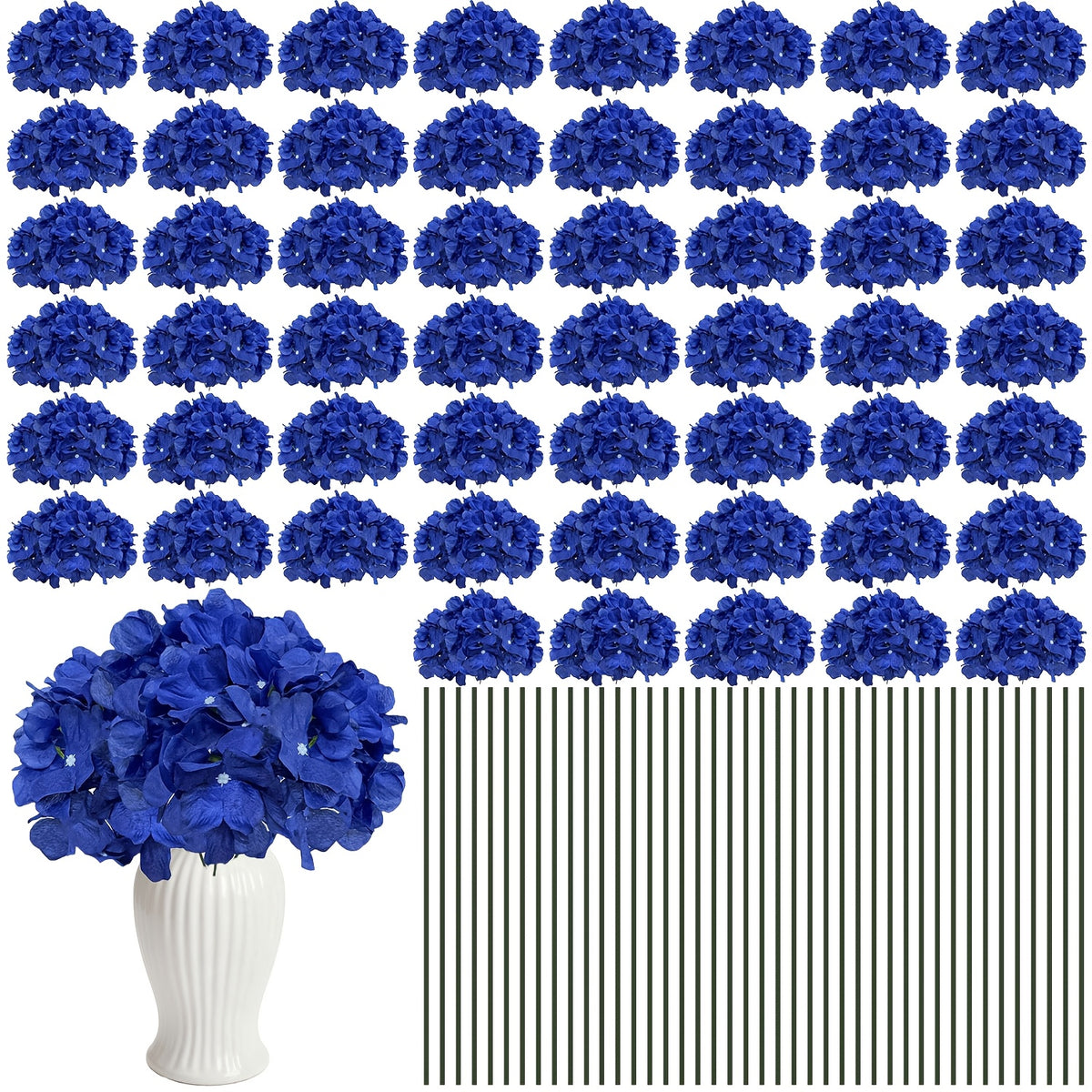 Set of 24 Synthetic Hydrangea Blooms with Stems, Ideal for Wedding Decorations, Home Parties, Baby Showers, And Store Displays. These Floral Arrangements Are Long-Lasting And Can Be Reused, Available in White, Orange, Blue, Dreamy Purple, Champagne