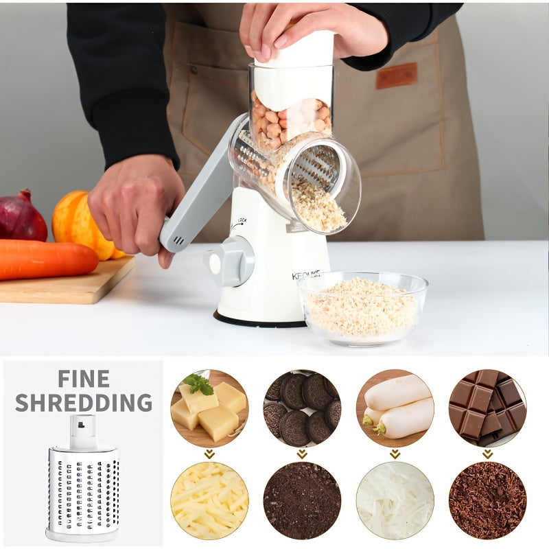 Rotary Cheese Planer Hand Crank Cheese Shredder Fresh Cheese, Vegetable Nuts, Non-Slip Suction Base, Free Cleaning Brush Three Blades