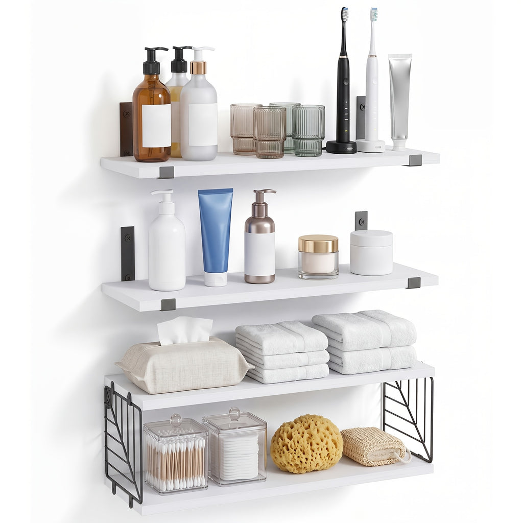 TOMNK 3+1 Tier Wall-Mounted Shelf with Black Metal Guardrails and Storage Baskets, Sturdy and Durable, Space-Saving, Multi-Functional Home Decor, Suitable for Kitchen, Bathroom, Bedroom, Living Room, Small Indoor Spaces, Wall Decoration