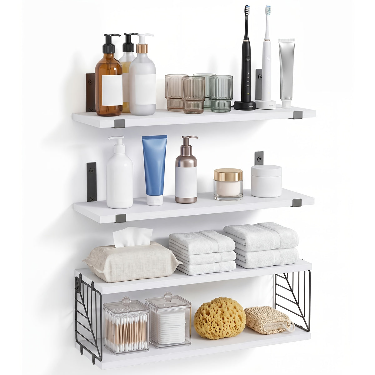 TOMNK 3+1 Tier Wall-Mounted Shelf with Black Metal Guardrails and Storage Baskets, Sturdy and Durable, Space-Saving, Multi-Functional Home Decor, Suitable for Kitchen, Bathroom, Bedroom, Living Room, Small Indoor Spaces, Wall Decoration