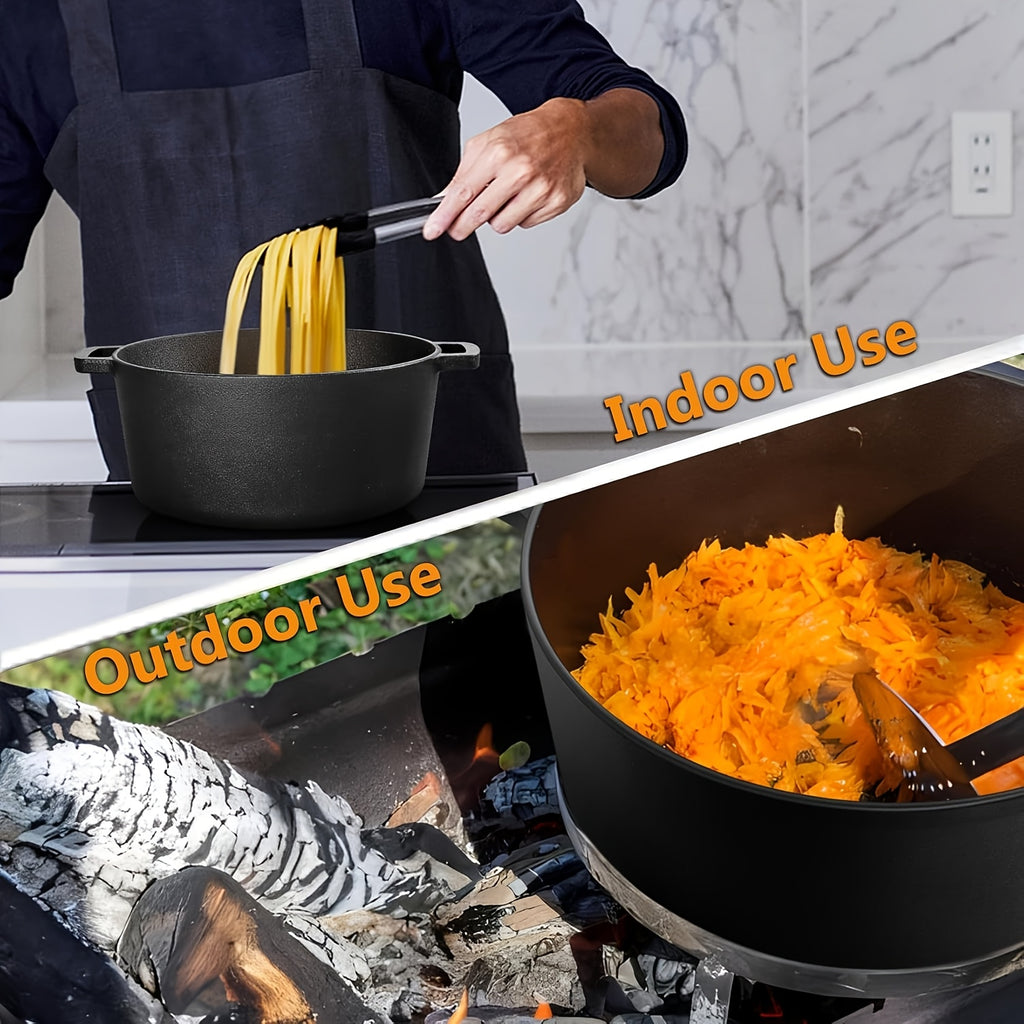 7QT Hand-built 2-in-1 Cast Iron Cookware Set (5.1QT Dutch Oven + 1.9QT Skillet) Dual-Purpose Holiday Cooking Kit For Stove, Induction, Oven, Campfire, With 2 Handles Outdoor BBQ &Indoor Make Sourdough Bread, Frying, Baking, Camping