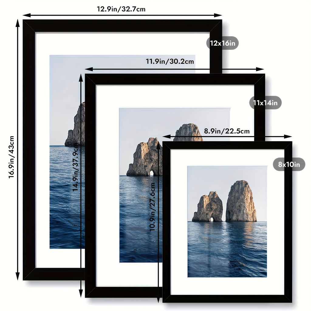 3pcs Classic Black Picture Frame Set - Heavy-Duty Plastic Frames with Vertical/Horizontal Hanging, 8x10, 11x14, 12x16 Inch - for Living Room, Bedroom, Office - Modern Minimalist Wall Decor Gallery Frames for Photos, Posters, Art Prints - Easy Mounting Har