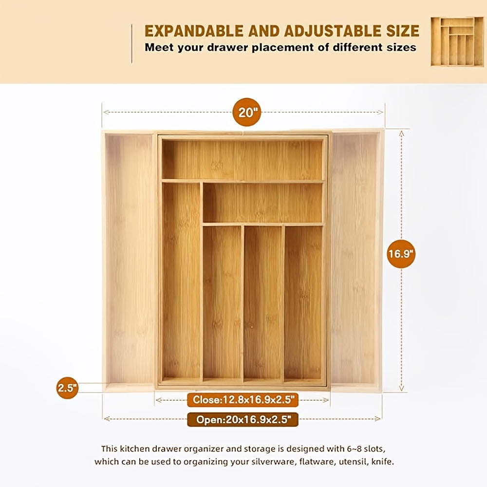 Expandable Bamboo Drawer Organizer - Adjustable Silverware Tray, Cutlery And Utensil Holder for Kitchen Drawer, Multi-Use Storage Tray for Office, Home