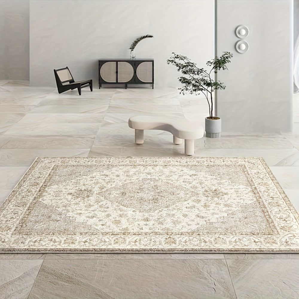 Plush Velvet Floral & Geometric Area Rug - 850 GSM Non-Slip Backing, Machine Washable Polyester - Soft Beige & Cream Design for Living Room, Bedroom, Office - Lightweight Decorative Floor Mat for Game Rooms & Home Decor