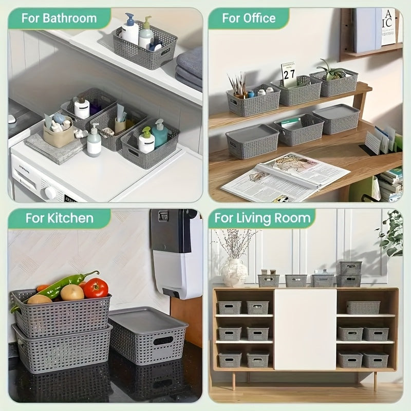 8pcs Plastic Storage Basket Set with Lids, Elegant And Spacious - Suitable for Desktop Organization, Document Storage, Storage, Home Organization - Multi-Functional Shelf Baskets
