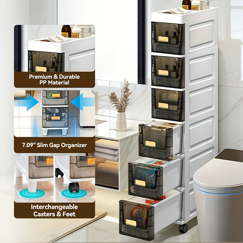 Deluxe Slim Storage Cabinet with Drawers - Durable Waterproof PP Material, Multi-Purpose Organizer with Ample Storage for Bathroom, Kitchen, Personal Care Product Dispensers, and More - Ideal for Small Spaces, Storage Drawer Units