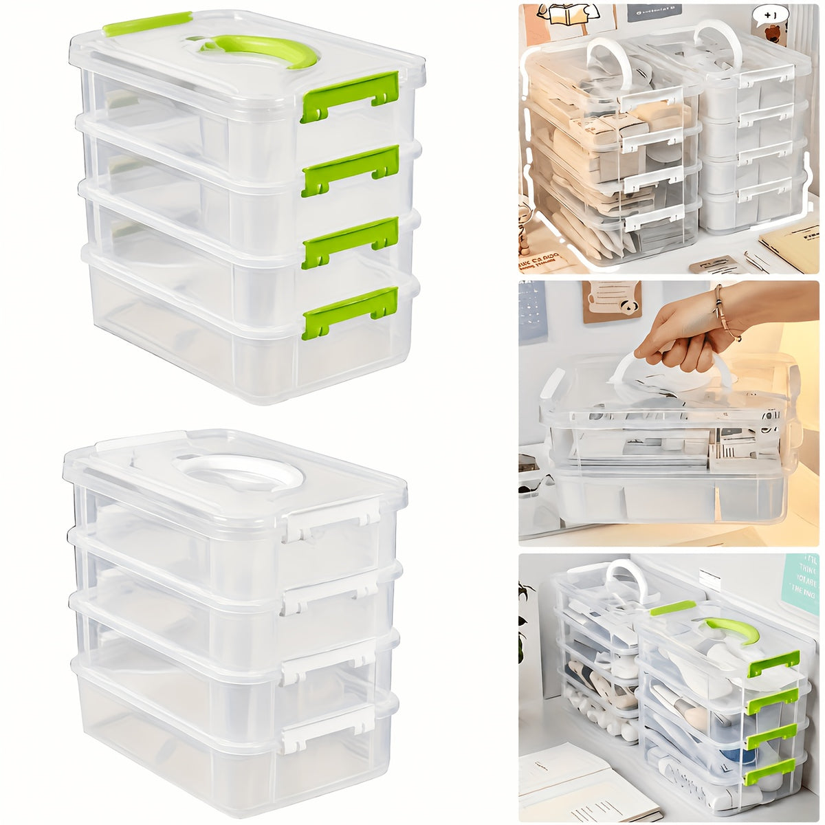 Stackable Large-Capacity Transparent Plastic Storage Box with Lid And Handle. Compartmentalized Drawer Design, Ideal for Hair Additions, Jewelry, And Stationery. Suitable for Home And Office Use, Easy for Neat Storage