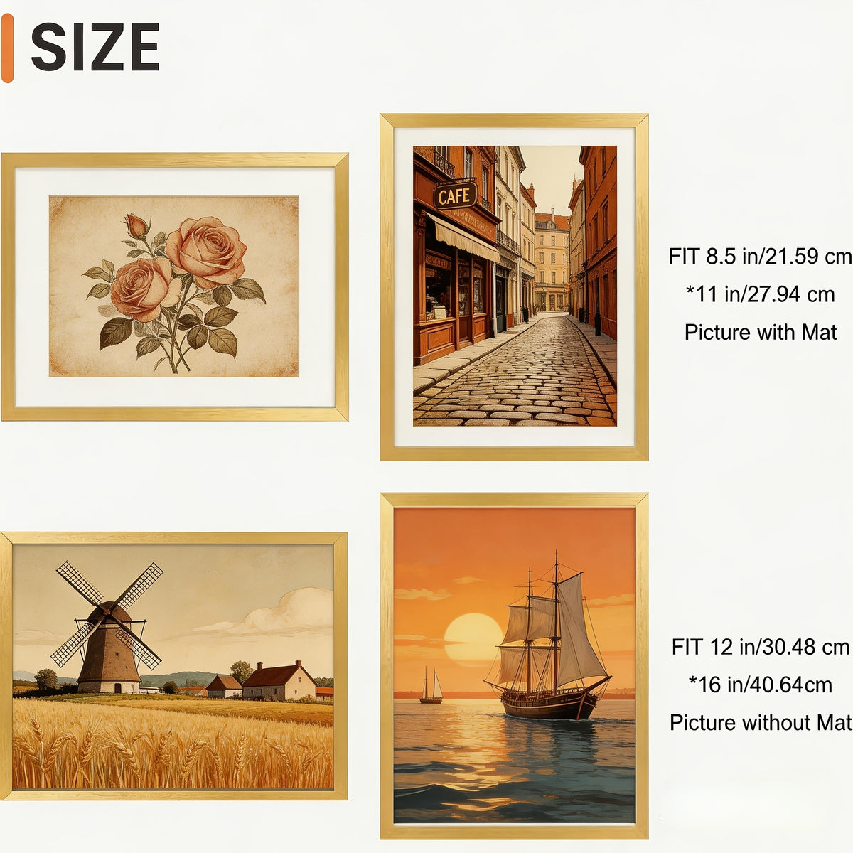 12x16 Picture Frame Set of 5, Display Pictures 8.5x11 with Mat or 12x16 Without Mat, Wall Gallery Photo Frames, 8×12/12×16 Inch, Golden