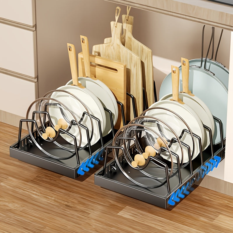 1/2pcs Pull-Out Pot And Pan Storage Box for Cabinets, Kitchen Sliding Lid Rack And Pan Holder, Cabinet Sliding Storage Box for Storing Lids, Baking Tools, And Plates, 8/16 Adjustable Dividers, Kitchen Decor And Accessories.