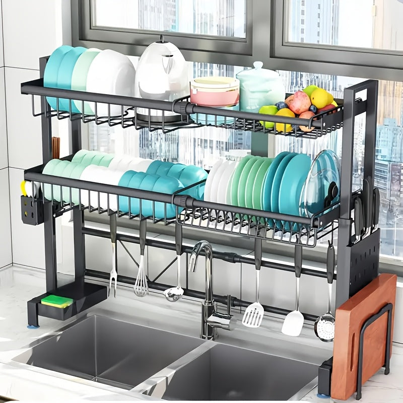 1pc Countertop Dish Rack & Drain Tray Extendable Kitchen Sink Shelf Dish Holder & Drain Rack Black Kitchen Storage Rack