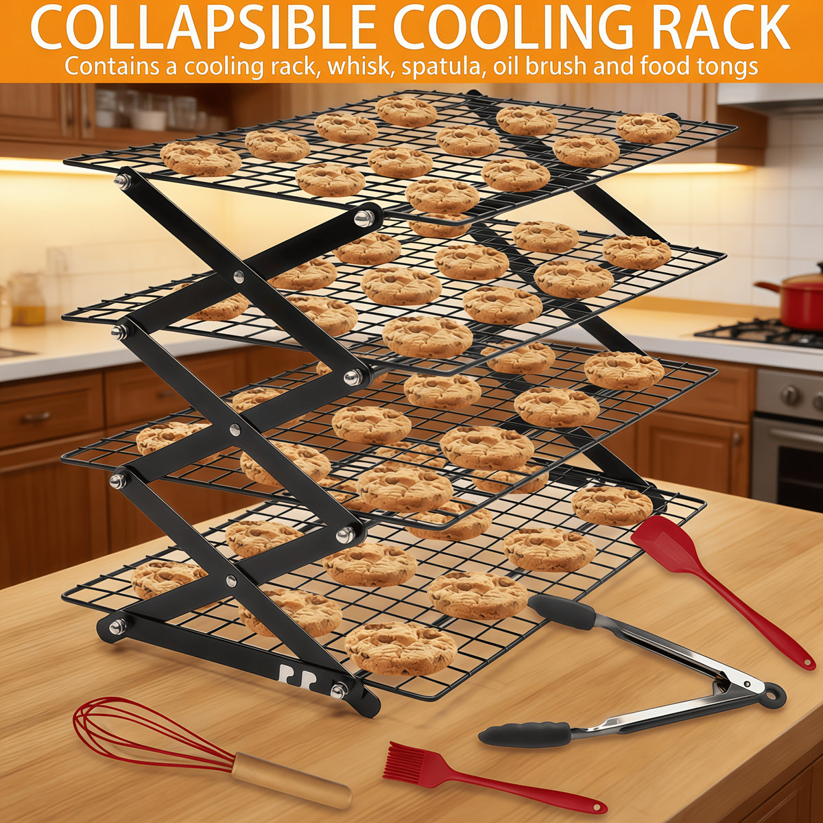 Foldable Cooling Rack, 3/4/5pcs Foldable Cooling Racks Free Baking Tool Set - Stackable Oven Cookie Cake Drying Rack. Used for Camping, Kitchen Storage And Holiday Baking Gifts (Including Silicone Shovels, Egg Beaters, Pliers, Smear Brushes