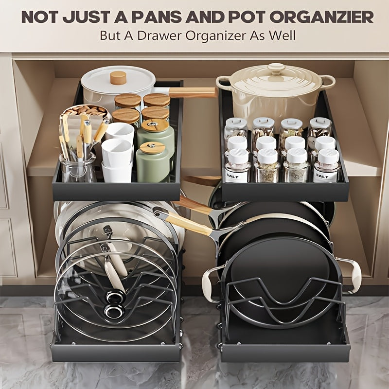 [Kitchen Accessories] 1/2Pcs Cabinet Pull-Out Pot Rack, A Sliding Pot Lid Holder And Flat Pan Holder For The Kitchen, A Sliding Storage Box Within The Cabinet, Suitable For Storing Pot Lids, Baking Utensils, And Plates. 8/16 Adjustable Dividers. Kitchen A