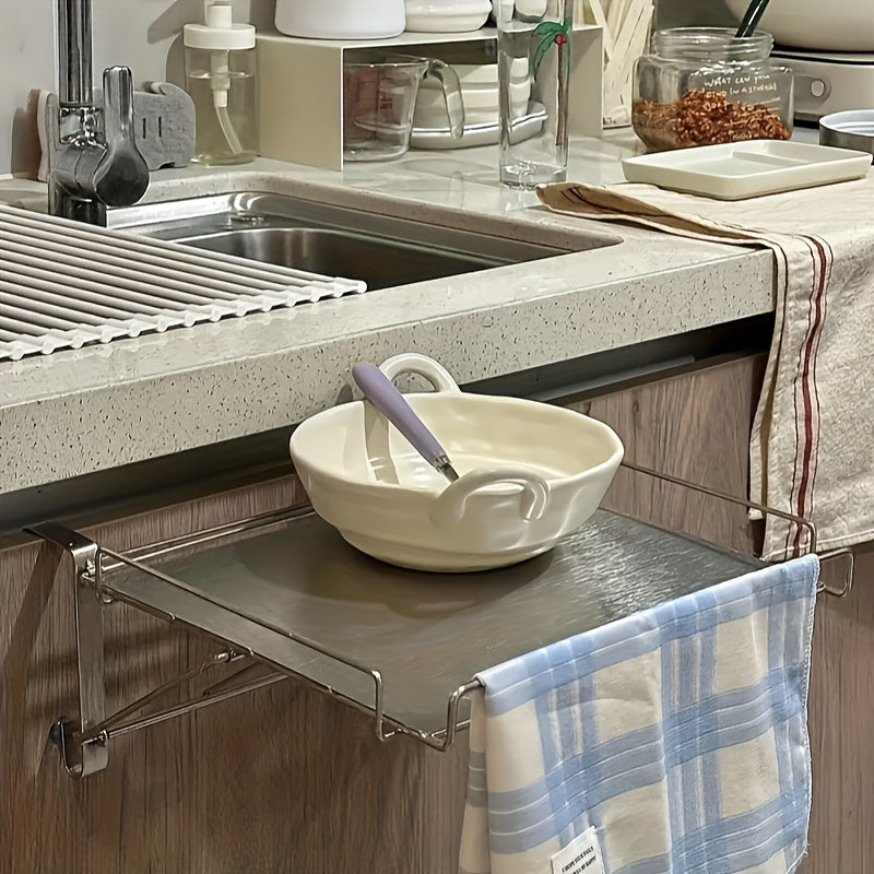 Foldable Stainless Steel Countertop Storage Rack, Silvery, Black, Kitchen Storage Rack, Cabinet Door Hanging Table Board, Bathroom Shelf, Multi-functional Hanging Cabinet Door Organizing Rack, Space-saving