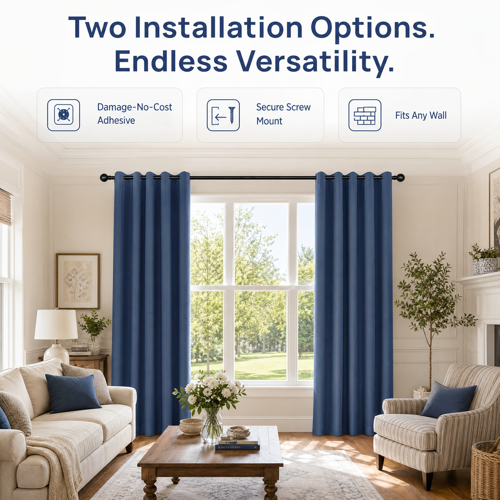 Curtain Rods No Drilling For Windows, 5/8 Inch Diameter Drapey Pole With No Drill Curtain Rod Brackets (2pcs, Black, 30 To 45")